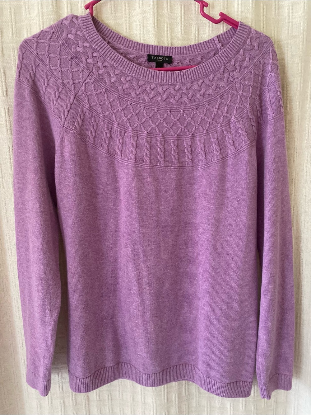 Talbots Petite Lavender Cable-Yoke Crewneck Sweater